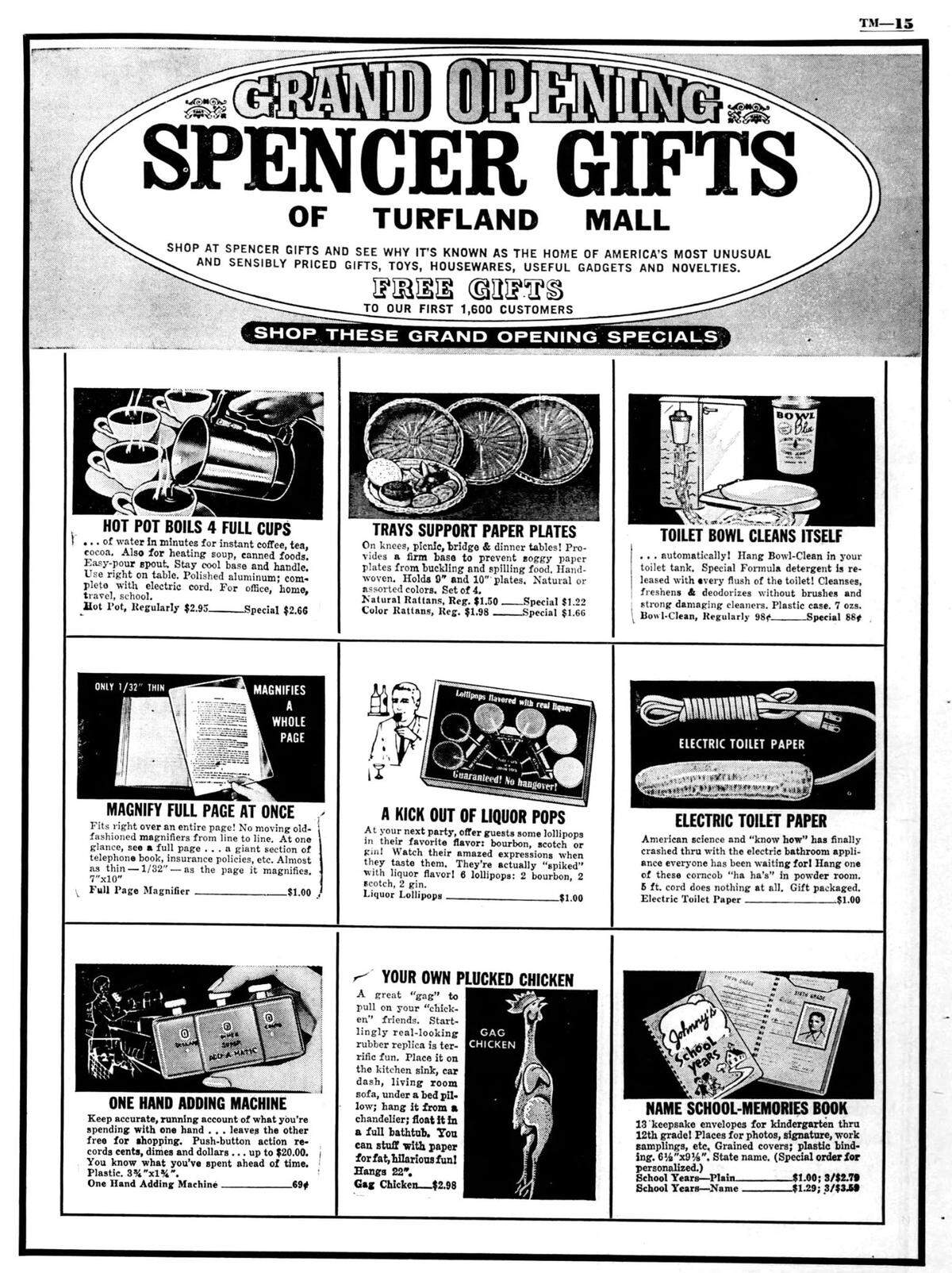 An advertisement for Spencer Gifts in the Wednesday, Aug. 23, 1967, Lexington Leader highlighting grand opening specials at the store, which opened on the same day as the mall. Among some of the items advertised is a gag gift electric toilet paper roll, liquor lollipops and a rubber chicken.