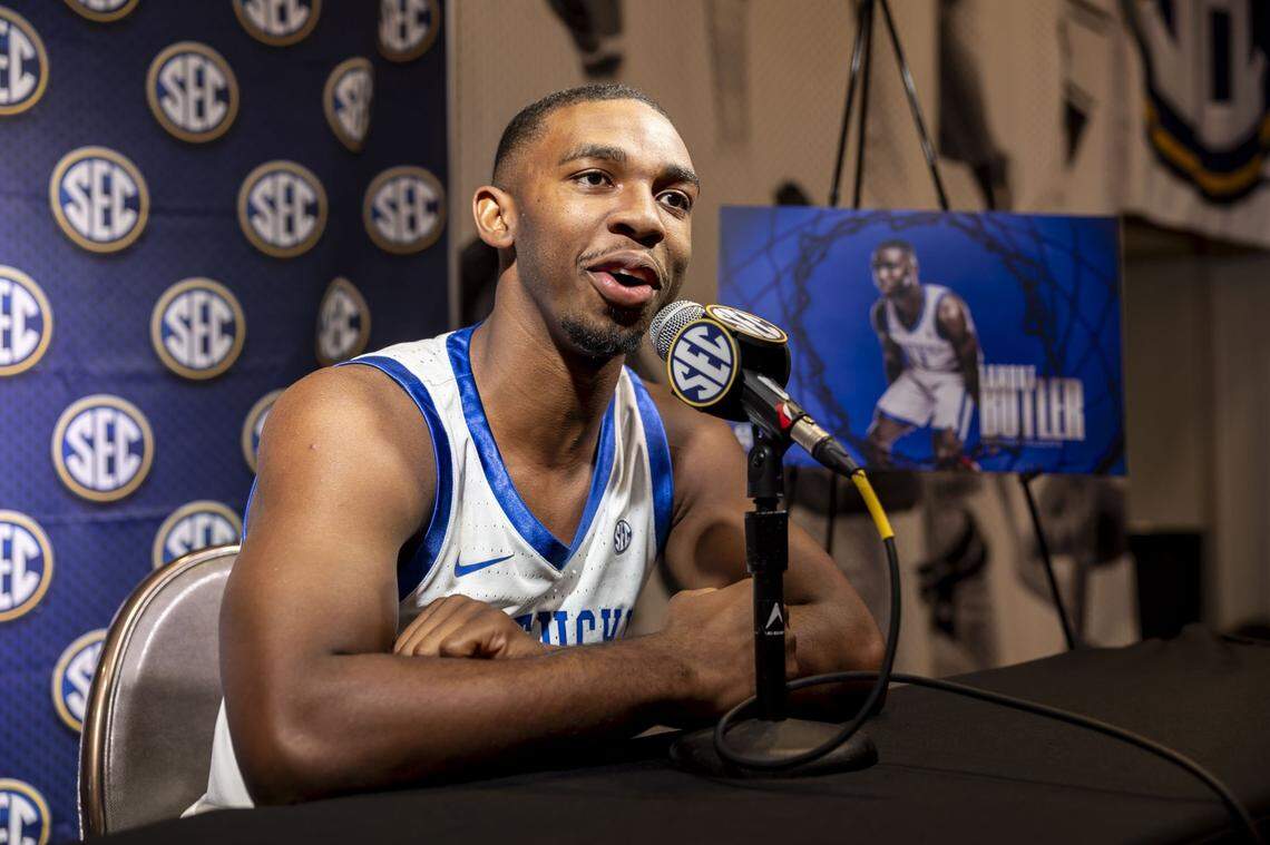 Kentucky point guard Lamont Butler talks to reporters at SEC media day in Birmingham on Tuesday.