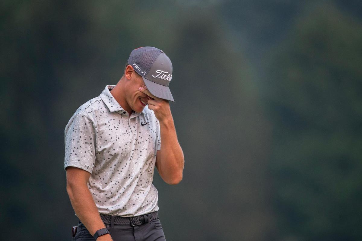 Vincent Norrman reacts after winning the Barbasol Championship at Champions at Keene Trace golf course in a playoff in Nicholasville, Ky., on Sunday, July 16, 2023.