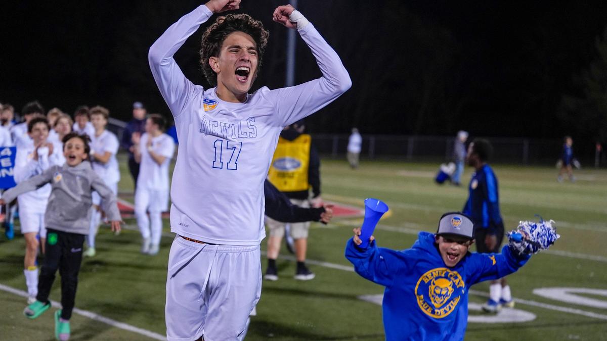 Henry Clay’s Will Potter celebrates his team’s 6-1 win against Louisville Collegiate in the boys soccer state finals at Paul Laurence Dunbar High School.