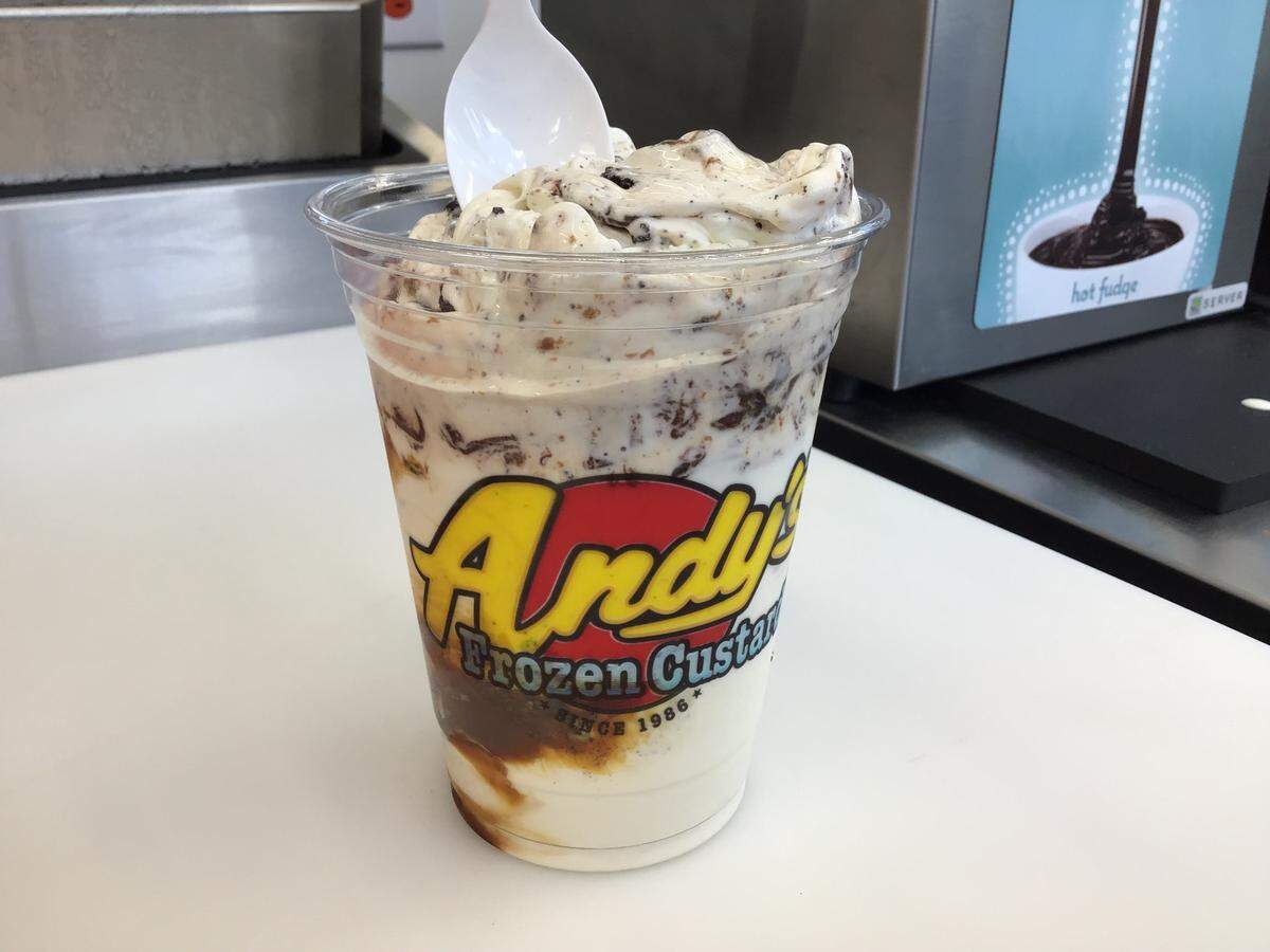 The BootDaddy Concrete is vanilla or chocolate frozen custard blended with Oreo chunks, caramel and hot fudge.