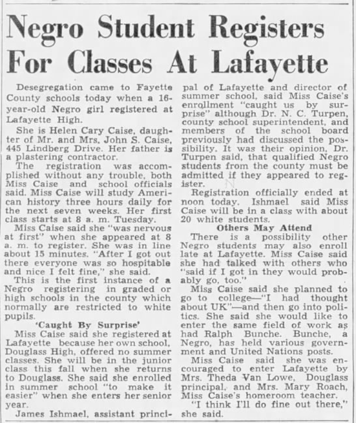 The June 6, 1955 story about Helen Caise integrating Lexington schools.
