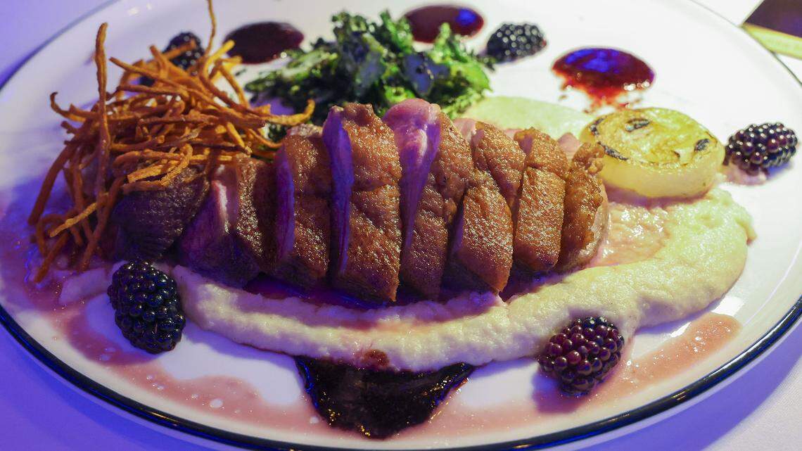 Dry aged duck breast with blackberry gastrique, smoked parsnip puree, cipollini onion and charred broccolini ($54) from The V, the public restaurant at The Vine, a new downtown Lexington development, photographed Friday, Sept. 5, 2025.