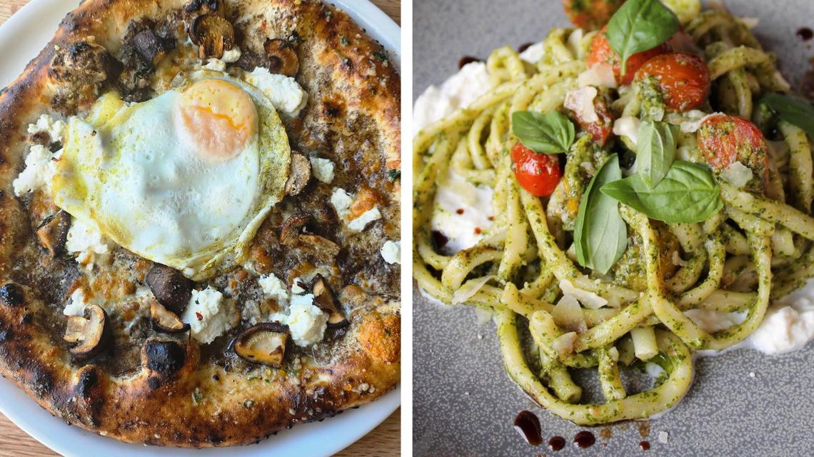 The Funkhi ($19) pizza, left, and the TBC pasta dish at Crust ($22). Crust, which closed in 2020 during the COVID pandemic is now open again in a new location in the Beaumont neighborhood of Lexington.
