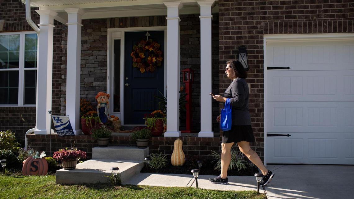 Rep. Cherlynn Stevenson (D) canvasses in Lexington, Ky., Thursday, September 22, 2022.