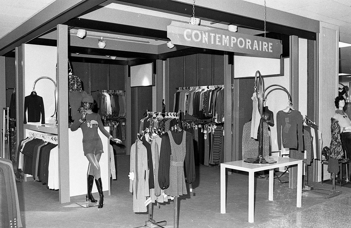 Contemporary women’s fashions at the new Shillito’s Department Store in Fayette Mall, Oct. 4, 1971. The store and the mall opened a week later on Oct. 11, 1971. Dresses, coats, sportswear, accessories, intimate apparel, shoes and cosmetics were located close together by design to help shoppers.