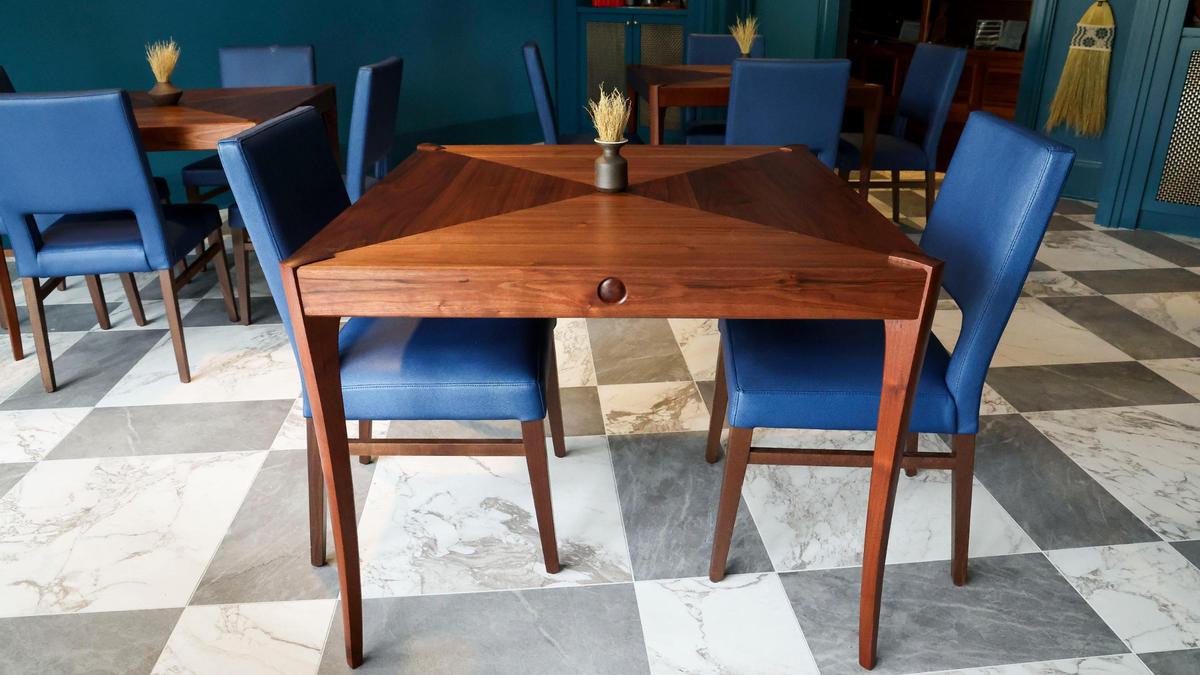 The new private dining room, Monday, July 14, 2025, at Crafted at Boone Tavern, the new restaurant at the Historic Boone Tavern Hotel in Berea, Ky., has new tables created by Berea College Student Craft. The same tables will be made for the main dining room.