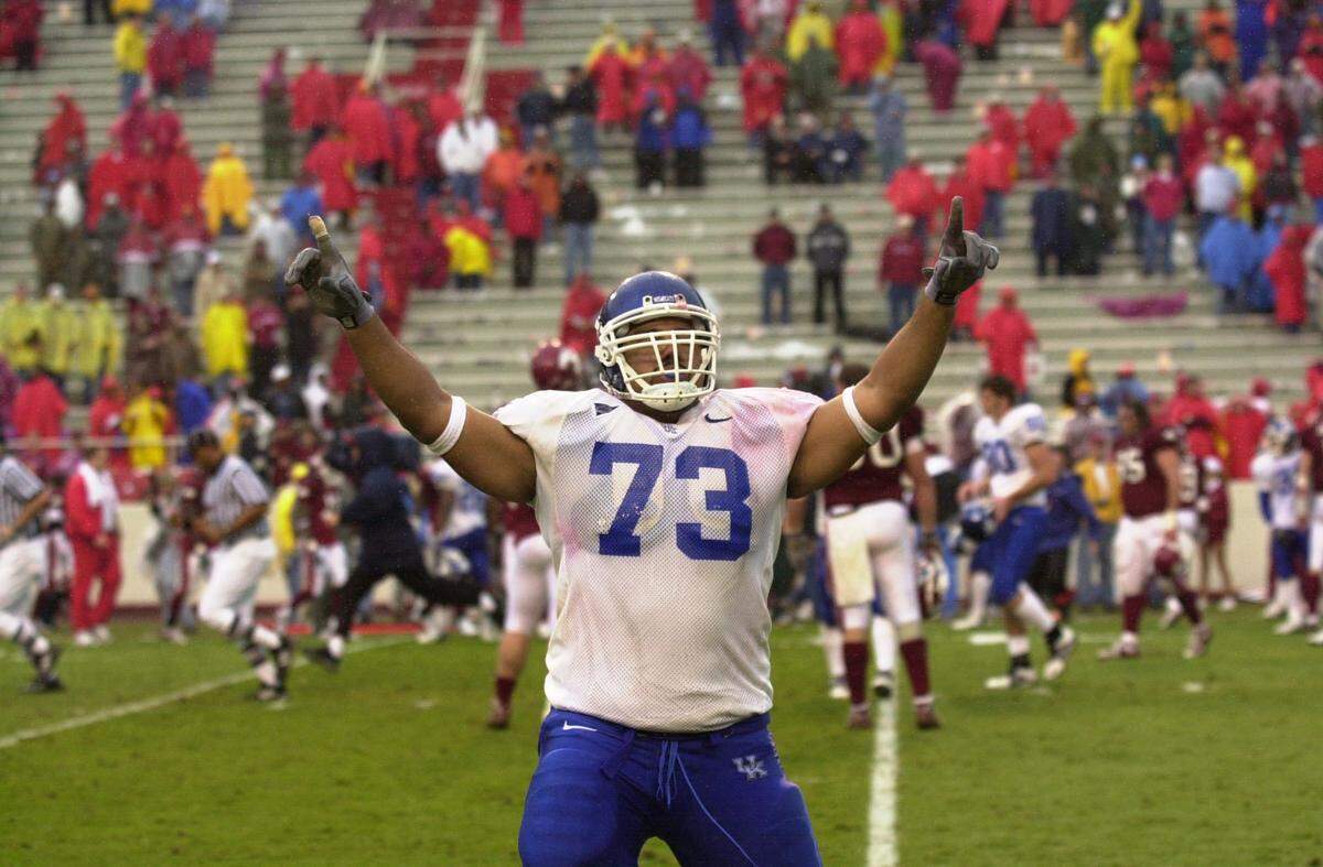 Offensive lineman Antonio Hall celebrated UK’s win over Arkansas in 2002. Hall was a two-time All-Southeastern Conference selection while at Kentucky. Hall went on to sign as an undrafted free agent with the NFL’s Indianapolis Colts but spent most of his pro career in the Canadian Football League.