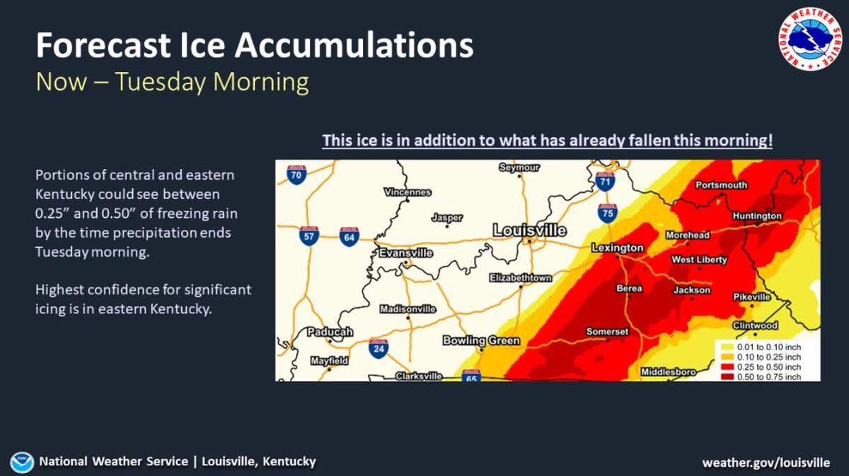 Lexington is projected to get one-quarter of an inch to one-half inch of ice, according to the National Weather Service.