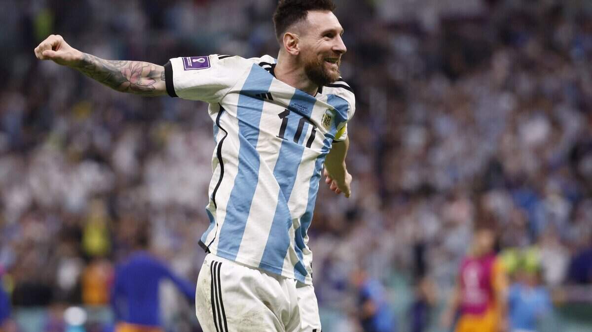 Dec 9, 2022; Lusail City, QATAR; Argentina forward Lionel Messi (10) celebrates after defeating Netherlands in the quarterfinals of the 2022 FIFA World Cup at Lusail Stadium. Mandatory Credit: Yukihito Taguchi-USA TODAY Sports