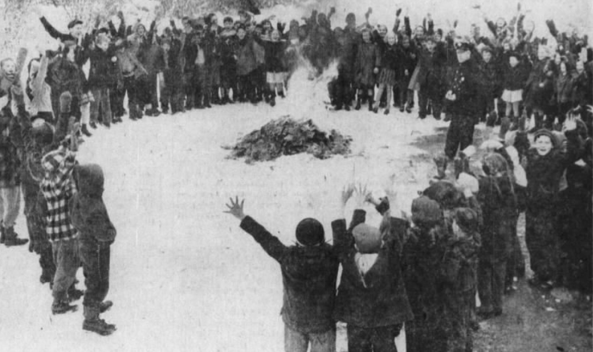 Public burnings, including the comic book burnings of the 1940s and 1950s, are powerful because they show the community’s commitment to destroying reading material that some people find offensive, says historian Brian Puaca. Shown here are school children burning comics in December 1948 in Scituate, Massachusetts.