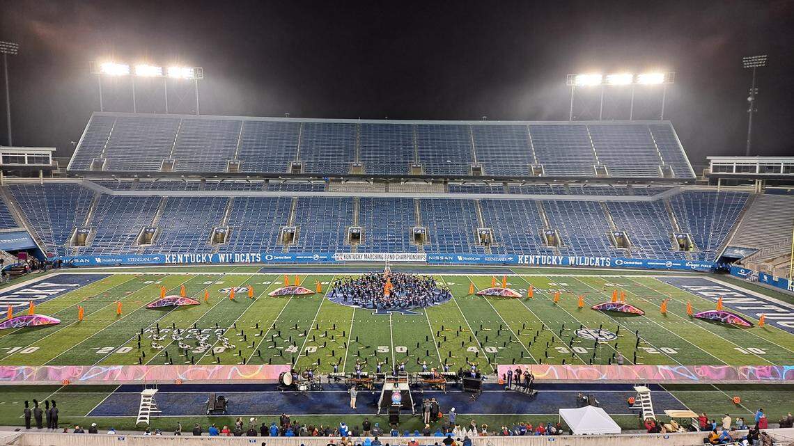 The Lafayette High School marching band performs its show “Peace of Mind” in the finals of the 2021 KMEA Kentucky Marching Band Championships at Kroger Field in Lexington on Oct. 30, 2021.