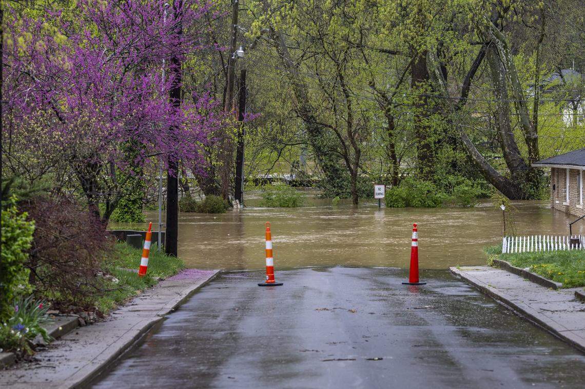 The Kentucky River floods Watson Court in downtown Frankfort, Ky., on Saturday, April 5, 2025.