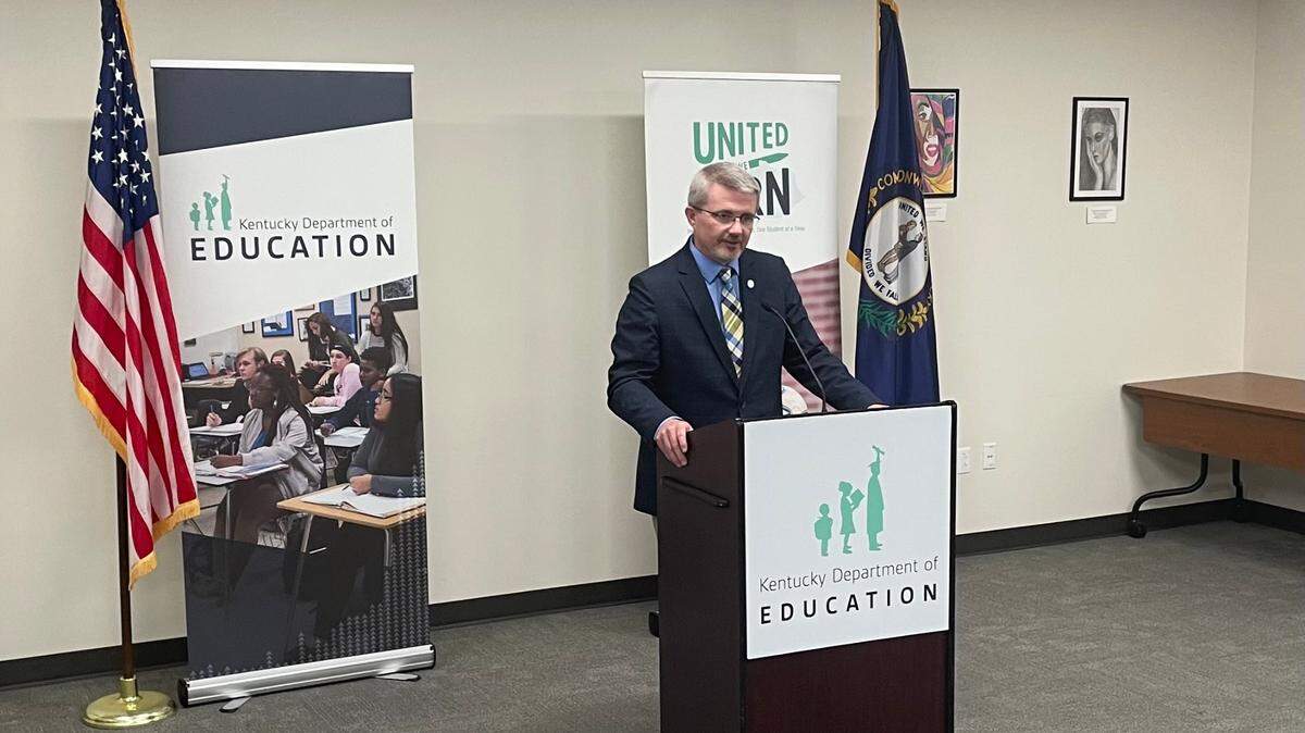 Kentucky Education Commissioner Robbie Fletcher meets with media members on April 29, 2024.