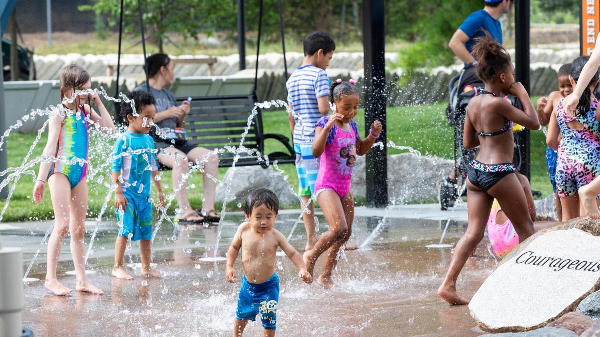 Mayor Linda Gorton announces the opening of a water feature ahead of a heat advisory for the weekend by the National Weather Service at Charles Young Park in Lexington, Ky, Thursday, July 27, 2023.