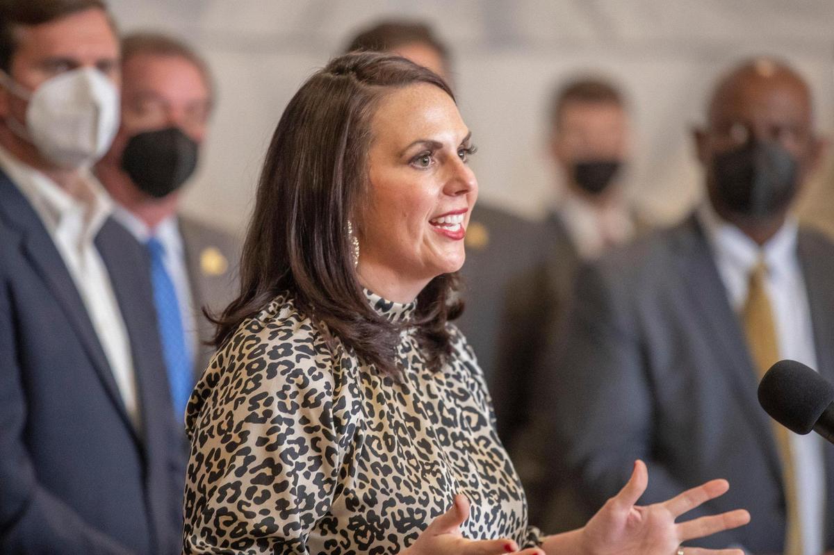 Ashli Watts, Kentucky Chamber of Commerce CEO, speaks during a media conference Wednesday, Jan. 19, 2022, in the rotunda at the Kentucky State Capitol in Frankfort announcing the results from a study detailing the growth and impact of Kentucky’s bourbon and distilled spirits industry.