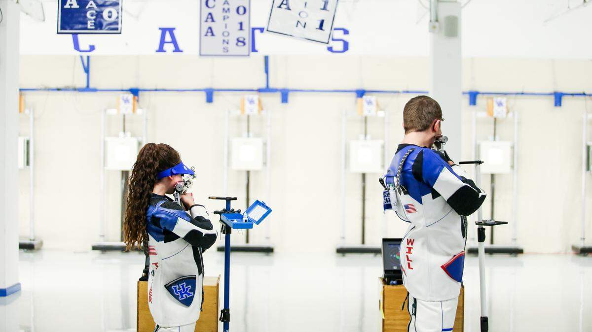 Mary Tucker and Will Shaner are shown competing for the University of Kentucky rifle team in November 2020. Tucker and Shaner, who both won medals at last summer’s Tokyo Olympics, also both won medals this week at the ISSF Junior World Championships in Peru.