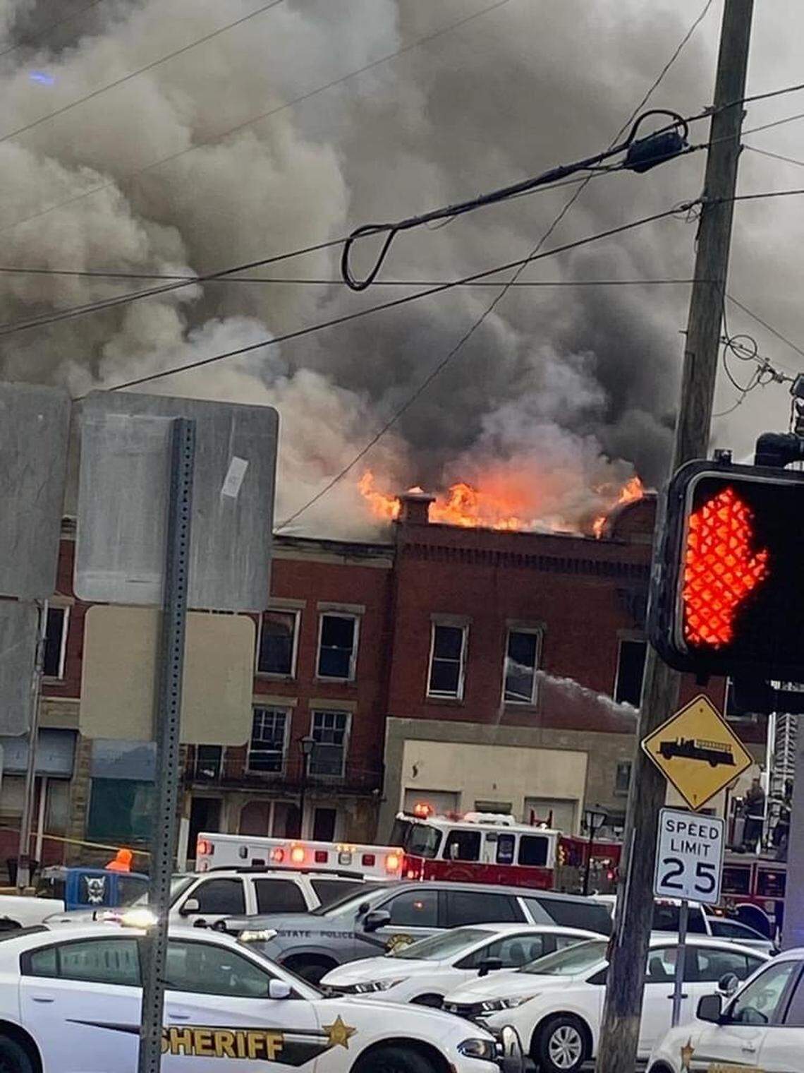 A fire in downtown Mount Vernon April 2, 2024, may have been caused by severe weather, officials said Tuesday. The National Weather Service is investigating.