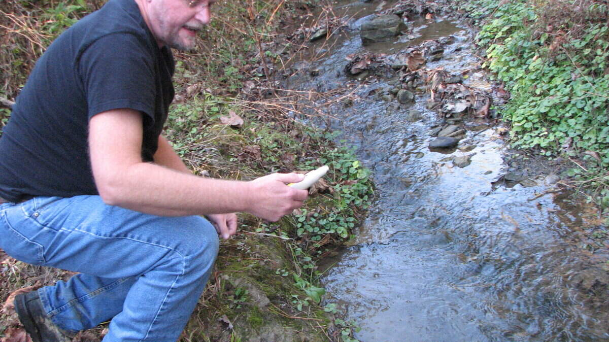 Floyd Countian Rick Handshoe used a conductivity meter to test water in Raccoon Creek in front of his home below a mine  sediment pond built by Miller Brothers Coal, which is now Laurel Mountain Resources.  