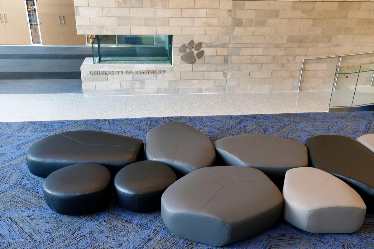 The fireplace lounge in the new $201,250,000.00 University of Kentucky Student Center on Avenue of Champions. Most of the 378,000 square foot building will be open on Monday.