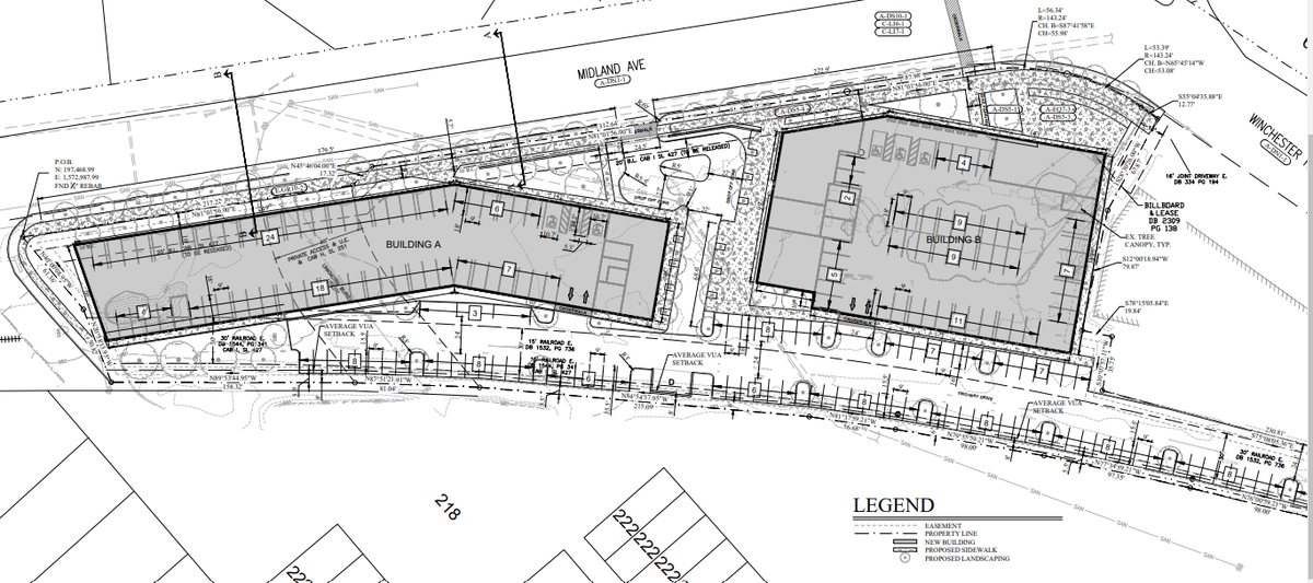 Development plans for two five-story apartment complexes with first-floor retail space on Midland Avenue at the former site of the Lexington Cut Stone Marble and Tile Company.