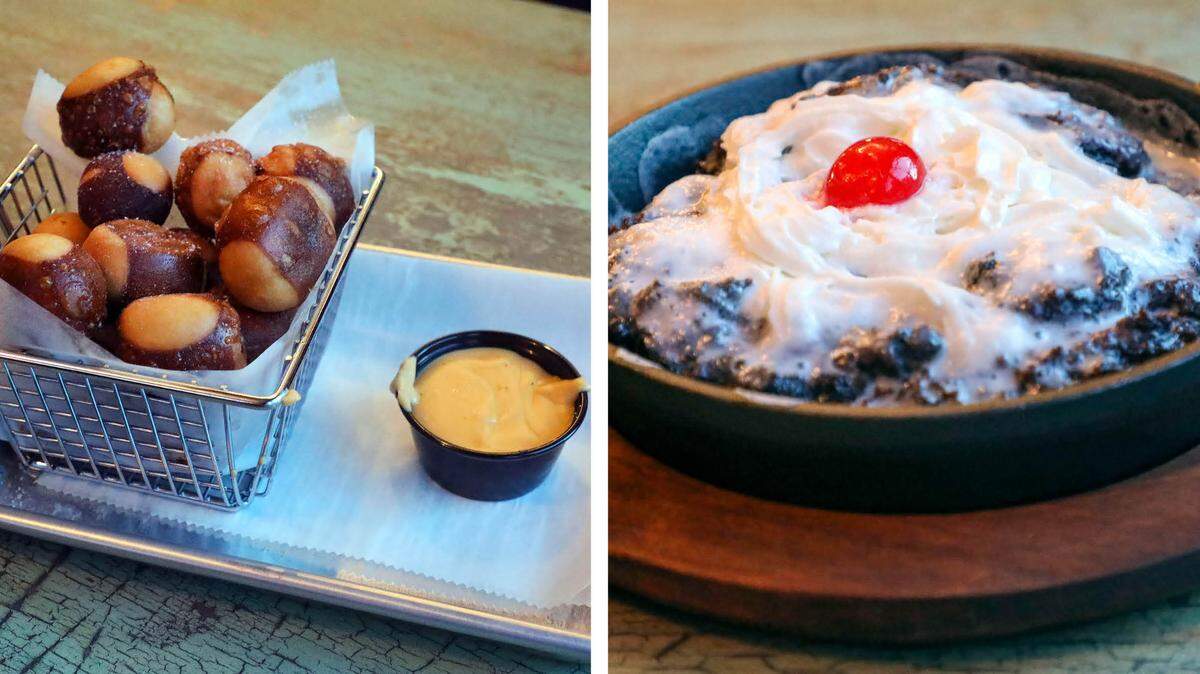 Pretzel Bites ($10.50) with warm beer cheese, left, and ooey-gooey Flippin Chocolate, made with a blend of a chocolate brownie, chocolate pudding and whipped cream ($12) at Tilty Bob’s.
