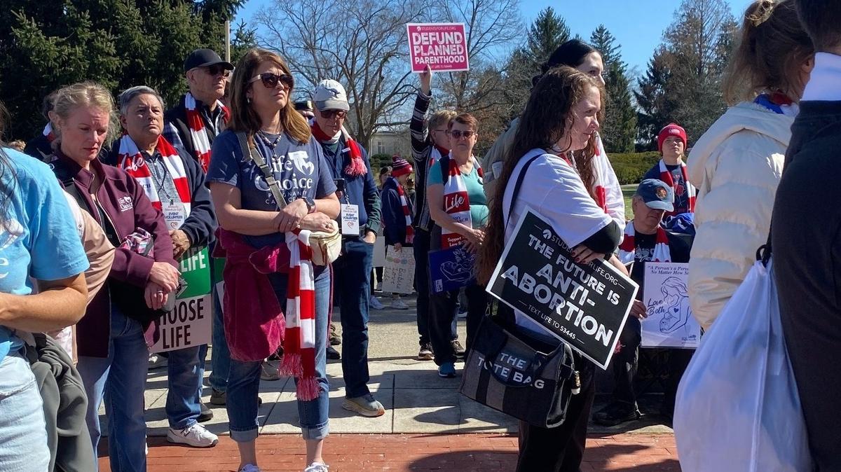 People gathered at a March for Life event at the Kentucky Capitol on Wednesday, Feb. 26.