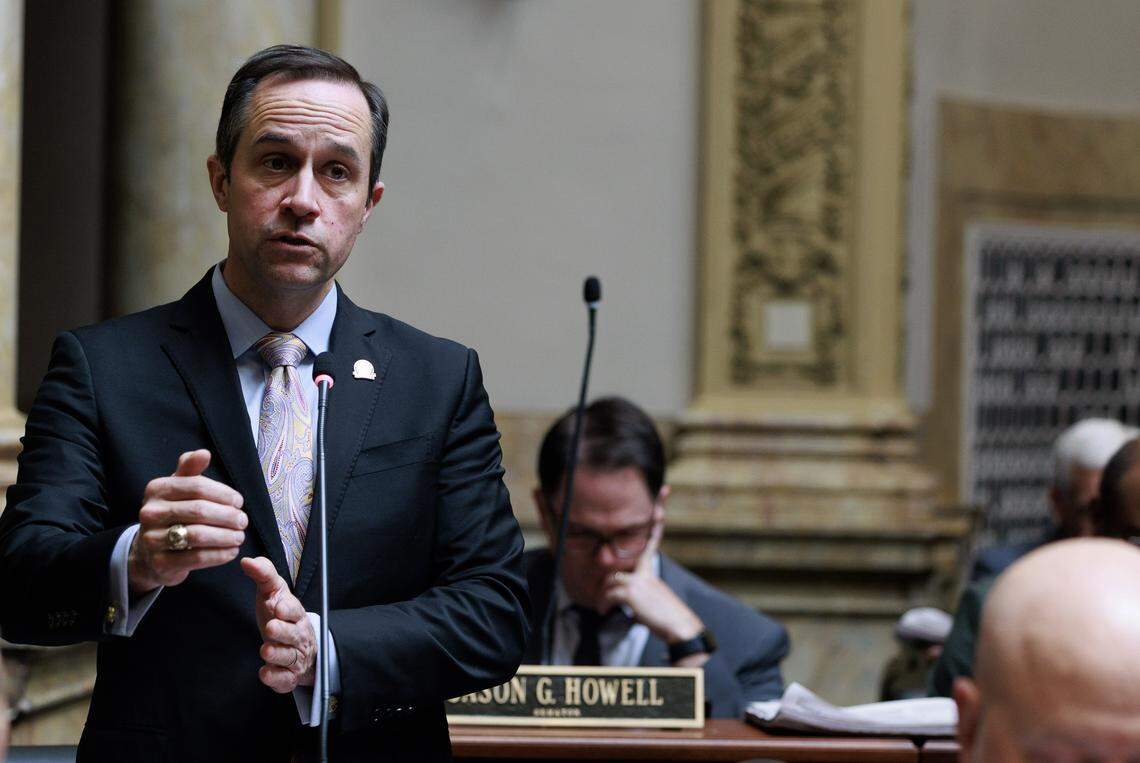 Sen. Christian McDaniel, R-Ryland Heights, presents House Joint Resolution 54, a measure authorizing the release of funds, on the Senate floor in 2025.