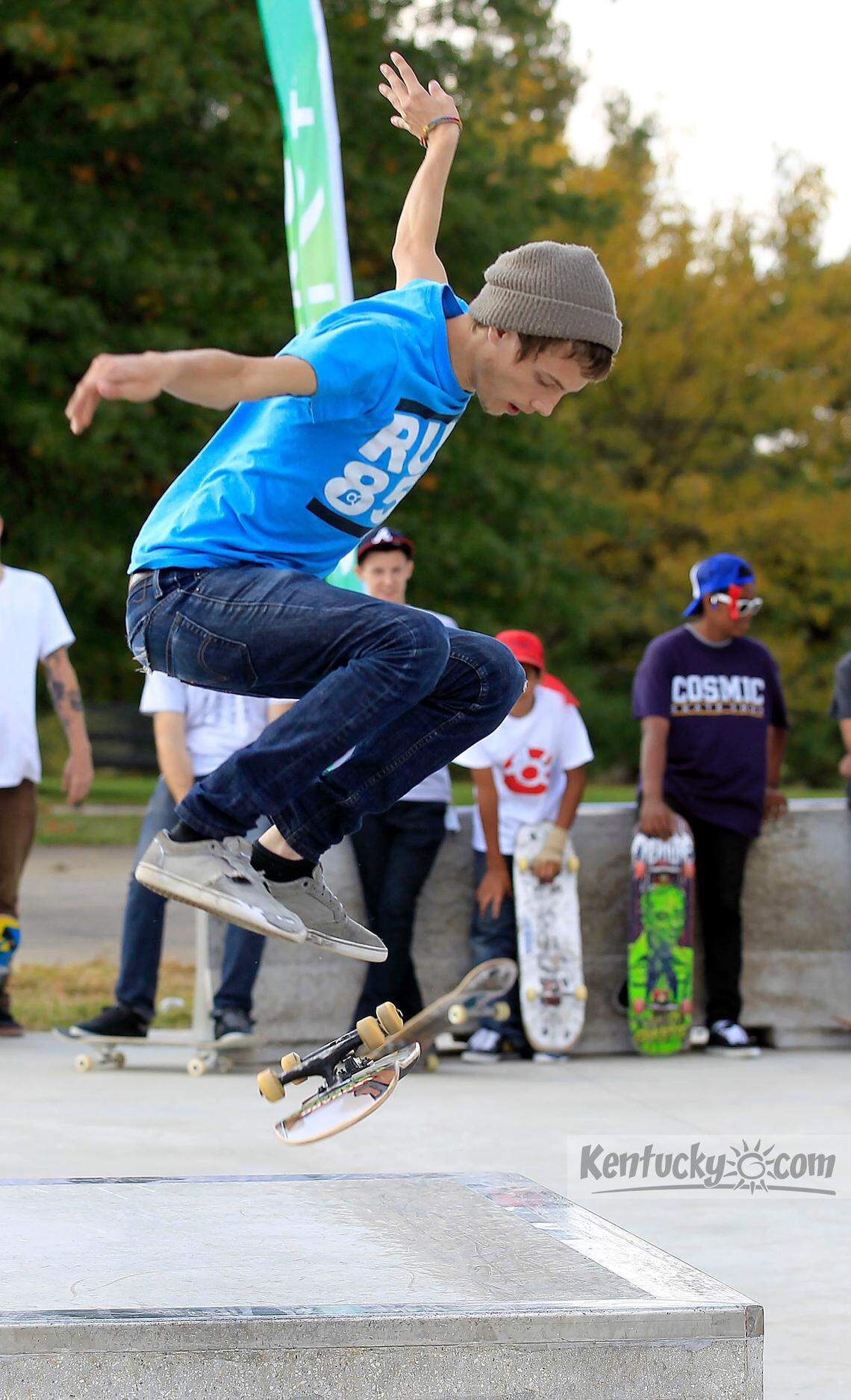 Logan Sharp, 19, did a kick flip at the Cricket Wireless Skate Spot in Lexington’s Kirklevington Park on Oct. 15 during the park’s grand opening. The skate park has been open since mid-July. Photo by Charles Bertram | Staff