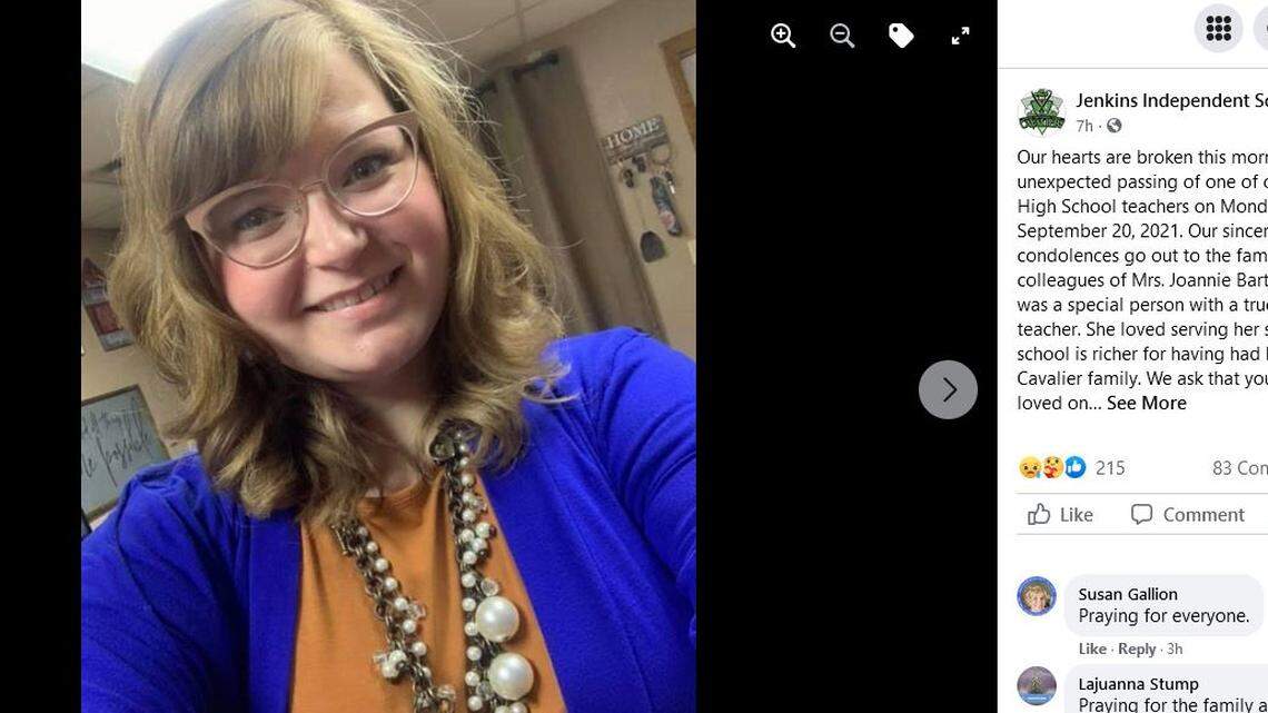 Jenkins Independent Schools said in a Facebook post that teacher Joannie Bartley, who died Monday evening, “loved serving her students.”