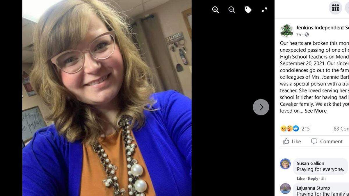 Jenkins Independent Schools said in a Facebook post that teacher Joannie Bartley, who died Sept. 20, “loved serving her students.”