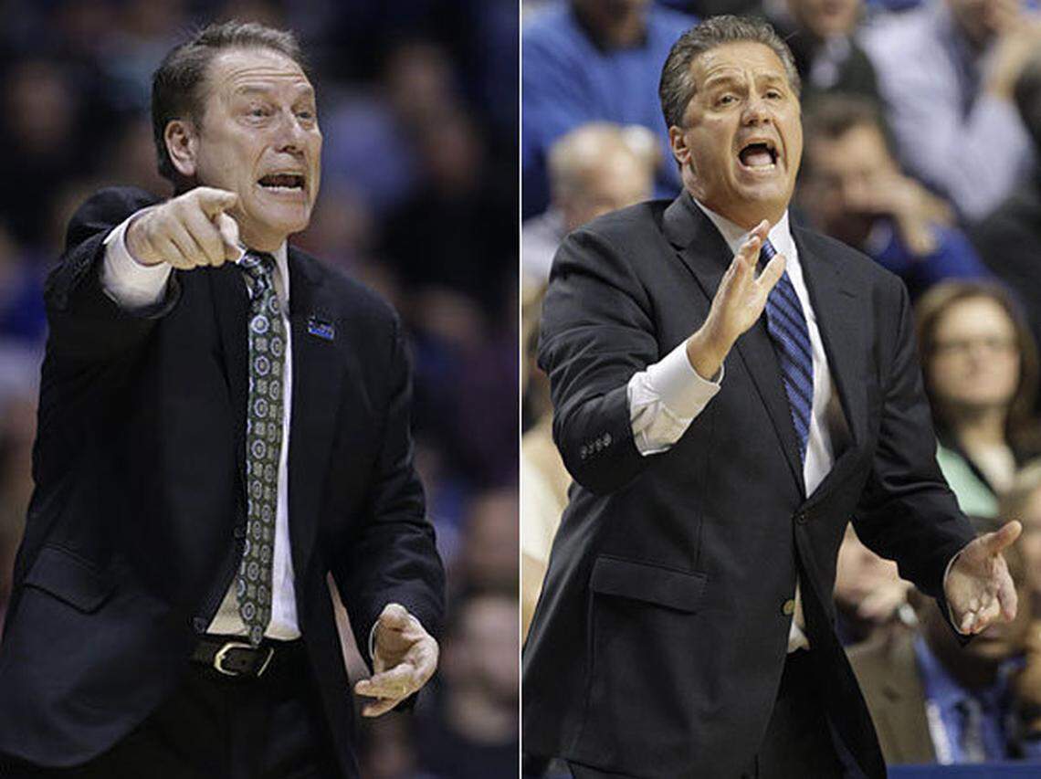 Michigan State Coach Tom Izzo, left, will lead the Spartans against Kentucky and Coach John Calipari, right, on Tuesday at 7 p.m. in the Champions Classic at Gainbridge Fieldhouse in Indianapolis.