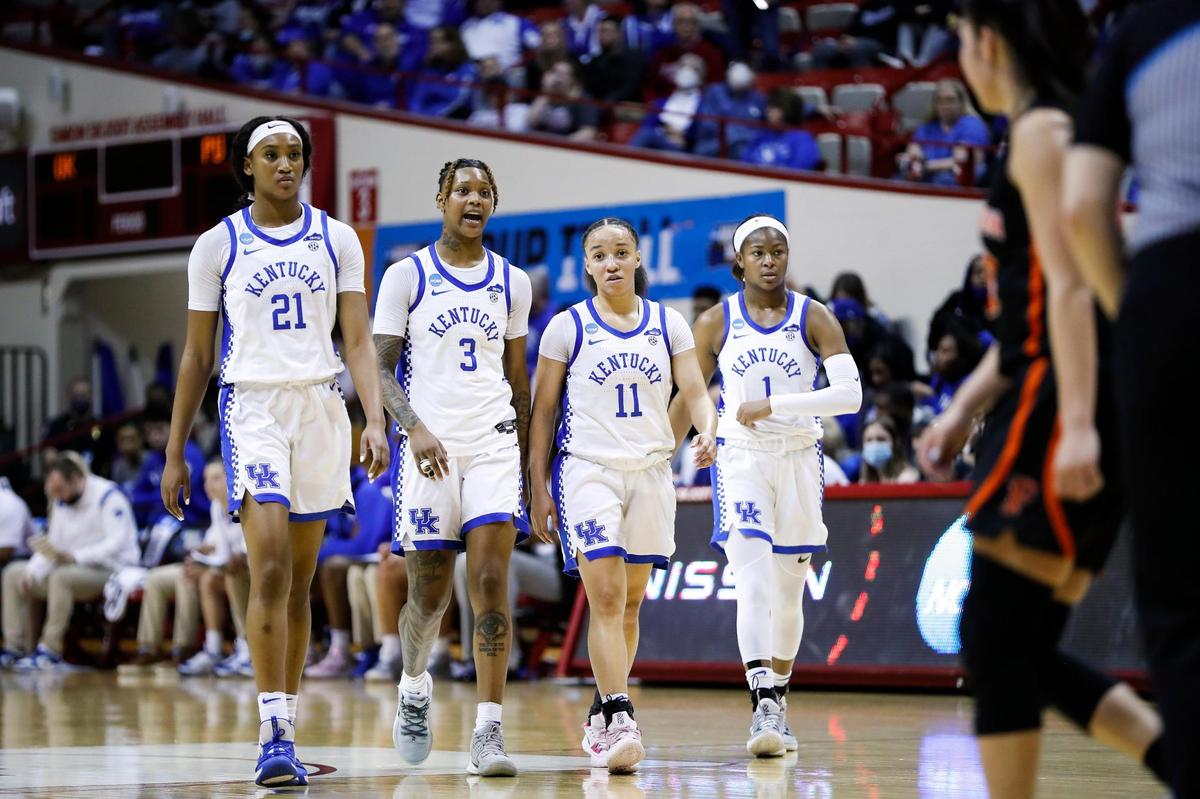 Nyah Leveretter (21), Jazmine Massengill (3), Jada Walker (11) and Robyn Benton (1) took the floor for Kentucky’s NCAA Tournament opener in Bloomington, Ind., against Princeton. Massengill has since entered the NCAA transfer portal along with fellow starters Dre’una Edwards and Treasure Hunt.