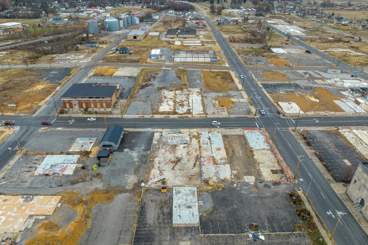 Downtown Mayfield, Ky., is largely empty after debris was removed from buildings destroyed by a tornado nearly one year ago. Sunday, Dec. 4, 2022