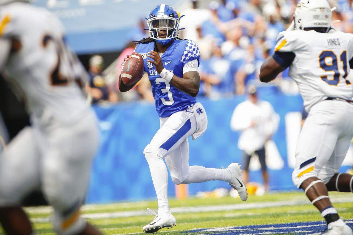 Quarterback Terry Wilson (3) completed 19 of 26 passes for 246 yards and two touchdowns to lead UK to a 38-24 win over Toledo in the 2019 season opener.
