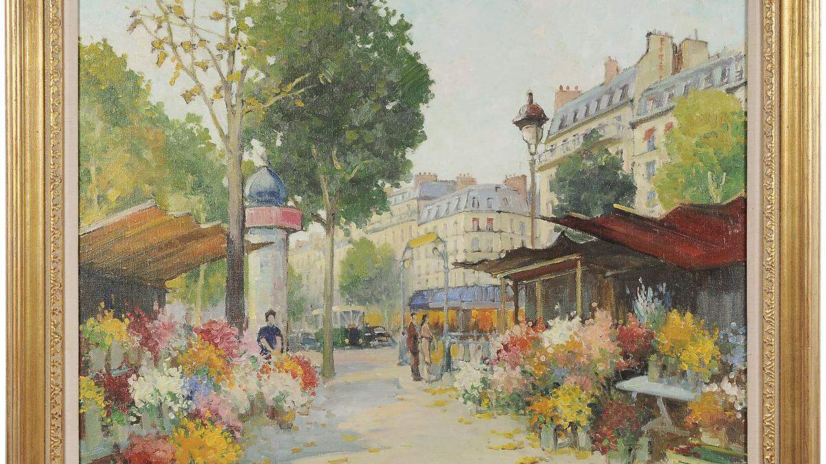 Les fleurs en plein, Paris, from the collection of Phyllis George, is an oil on canvas depiction of a Parisian flower market and is signed on the lower right "C. Kluge." Brunk Auctions estimates its value at $3,000-$5,000.    