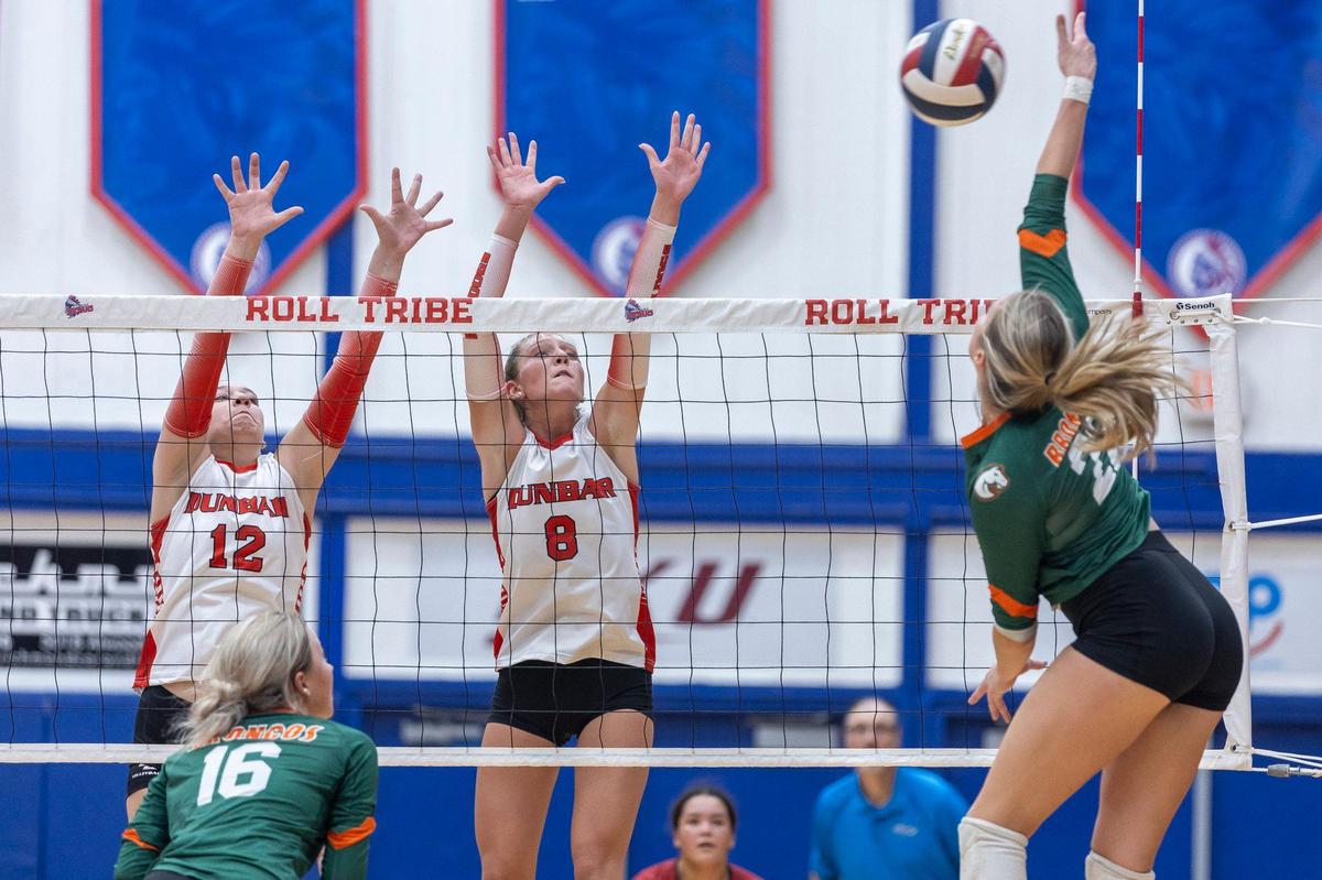 Paul Laurence Dunbar’s Abby Young (22) returns a ball against Paul Laurence Dunbar during the 11th Region volleyball tournament semifinals at Madison Central High School on Tuesday night.