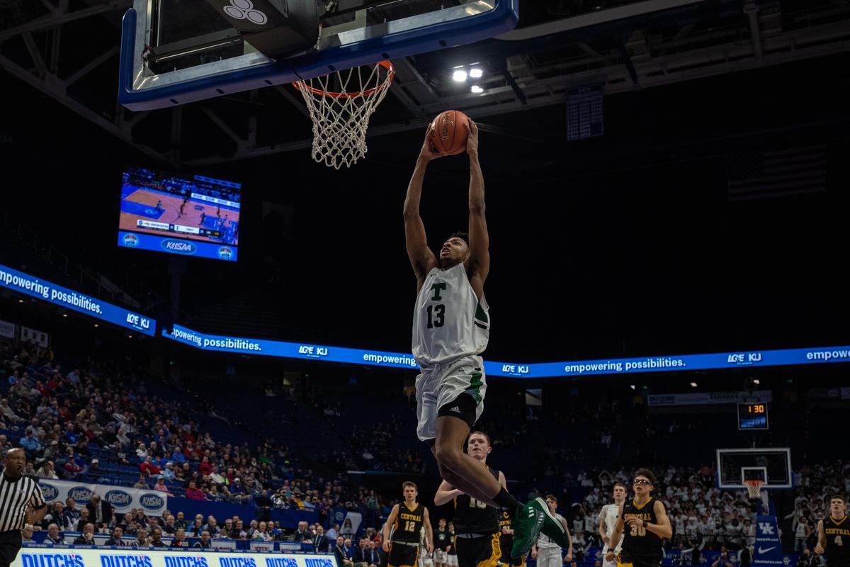 Trinity’s David Johnson soared for a breakaway dunk. The Louisville signee finished with 13 points, six rebounds and three assists in 20 minutes.