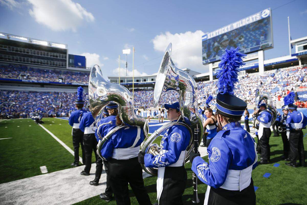 The Kentucky Wildcats marching band prepares to take the field before the game with the Florida Gators during the game at Kroger Field in Lexington, Ky, Saturday, September 30, 2023.