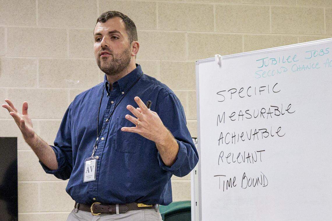Mason King speaks about S.M.A.R.T. goals during a Second Chance Academy class on Thursday, Aug. 7, 2025, at Fayette County Detention Center in Lexington, Ky. 