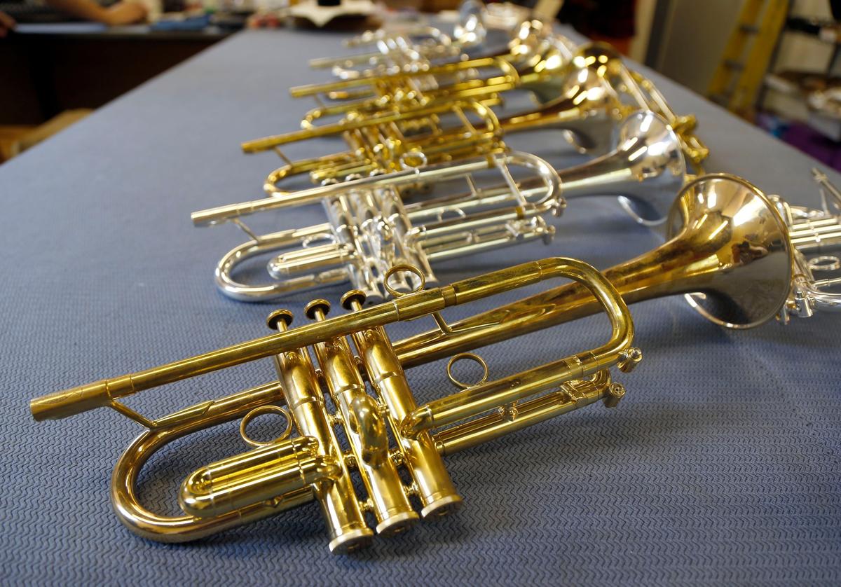 An assortment of trumpets made at at Pickett Brass and Blackburn Trumpets, 308 North Ashland Avenue in Lexington.