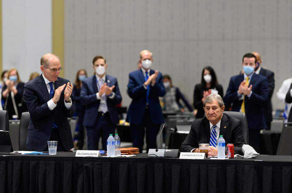 Central Bank Chairman/President and CEO Luther Deaton, seated, receives a standing ovation after speaking about a $10 million donation from Central Bank to UK HealthCare on Thursday, February 17, 2022.
