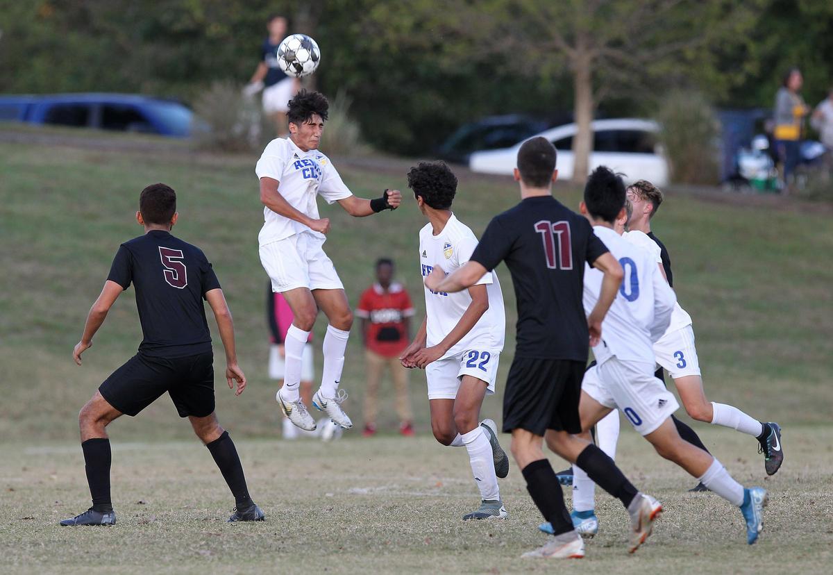 Henry Clay’s Tahj Jairam won a header during Tuesday night’s 11th Region Tournament semifinals in Frankfort.