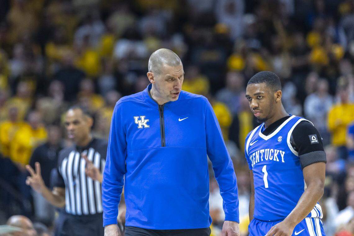 Kentucky head coach Mark Pope talks to Wildcats guard Lamont Butler during the final game of the regular season against the Missouri Tigers on March 8.