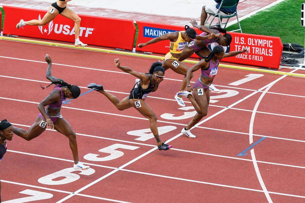 Jun 30, 2024; Eugene, OR, USA; Masai Russell wins the women's 400 meter hurdles final in a new meet record of 12.25. Alaysha Johnson (5) is second during the US Olympic Track and Field Team Trials. Mandatory Credit: Craig Strobeck-USA TODAY Sports