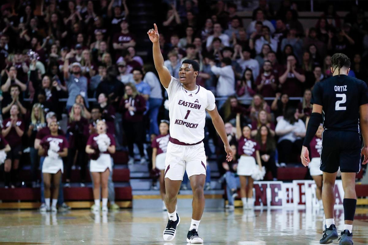 Eastern Kentucky guard Tayshawn Comer celebrates during a 2023 ASUN Tournament quarterfinal game at Baptist Health Arena in Richmond. Comer is one of four returning starters for EKU this season.