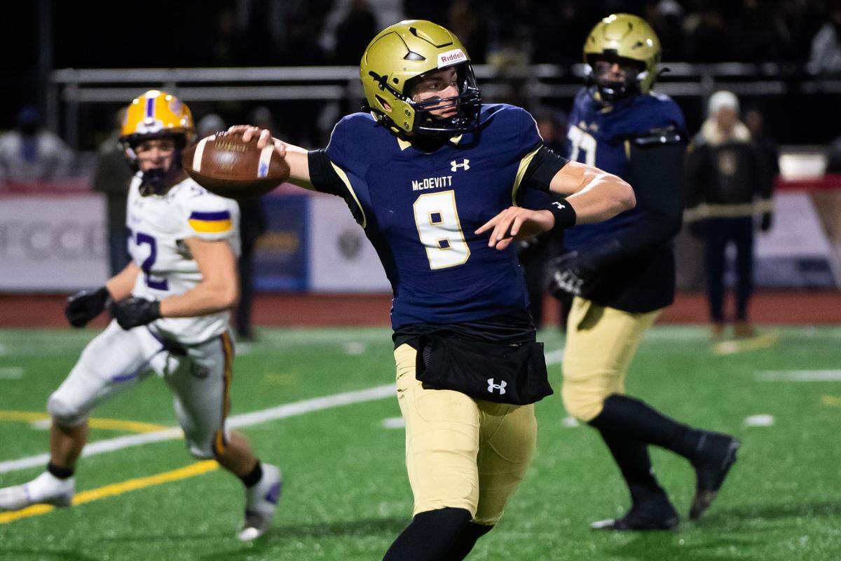 Bishop McDevitt quarterback Stone Saunders passes in the first half of the PIAA Class 5A football championship game against Roman Catholic at Cumberland Valley High School, Friday, Dec. 6, 2024, in Silver Spring Township, Pa.