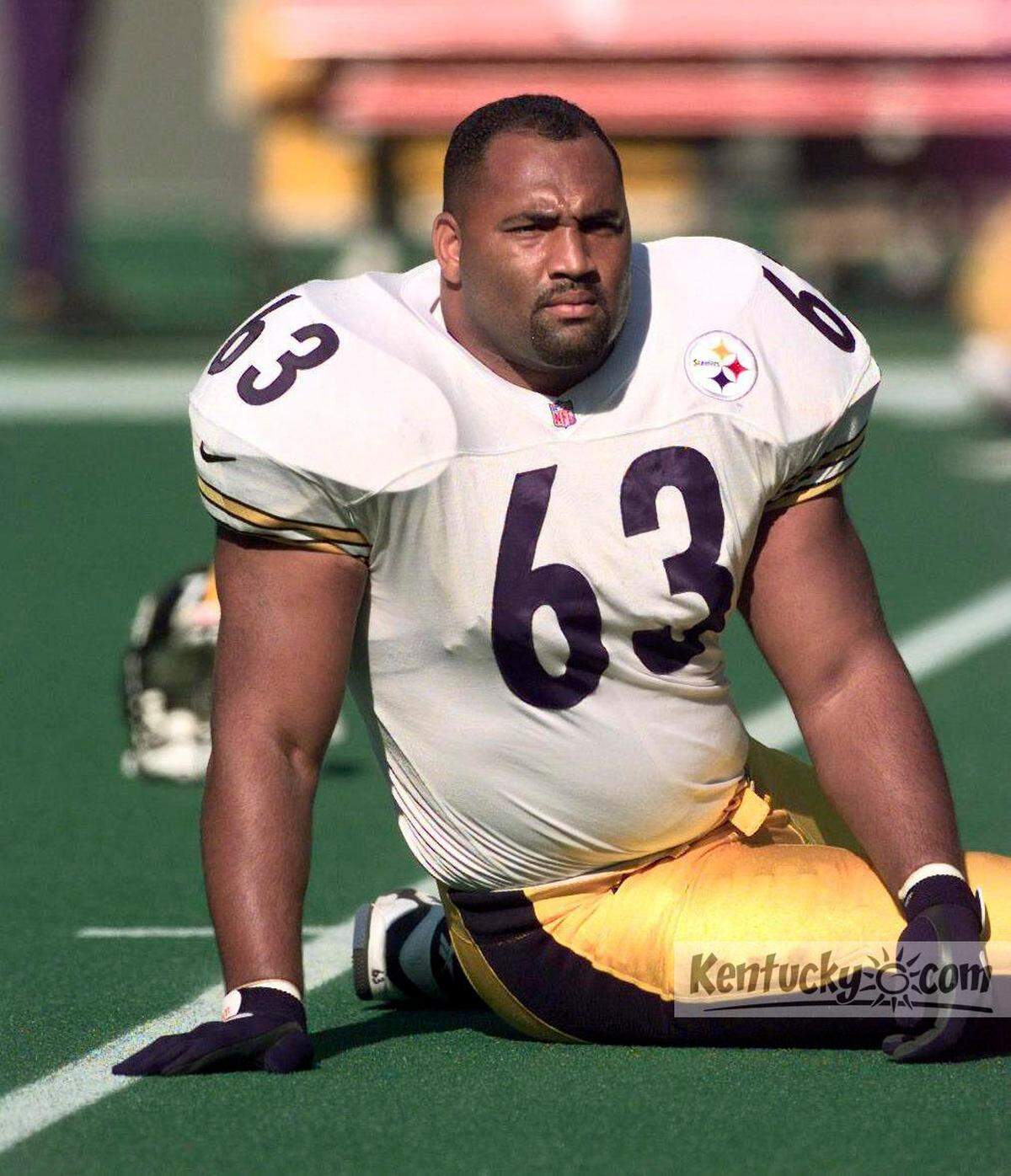 Dermontti Dawson (63), former Bryan Station High School &  University of Kentucky player and now a all-pro Center for the  Pittsburgh Steelers, during game with Cincinnati Bengals on Sunday,  Oct. 19, 1997 that was played in Cincinnati, Ohio. Photo by Frank  Anderson | Staff