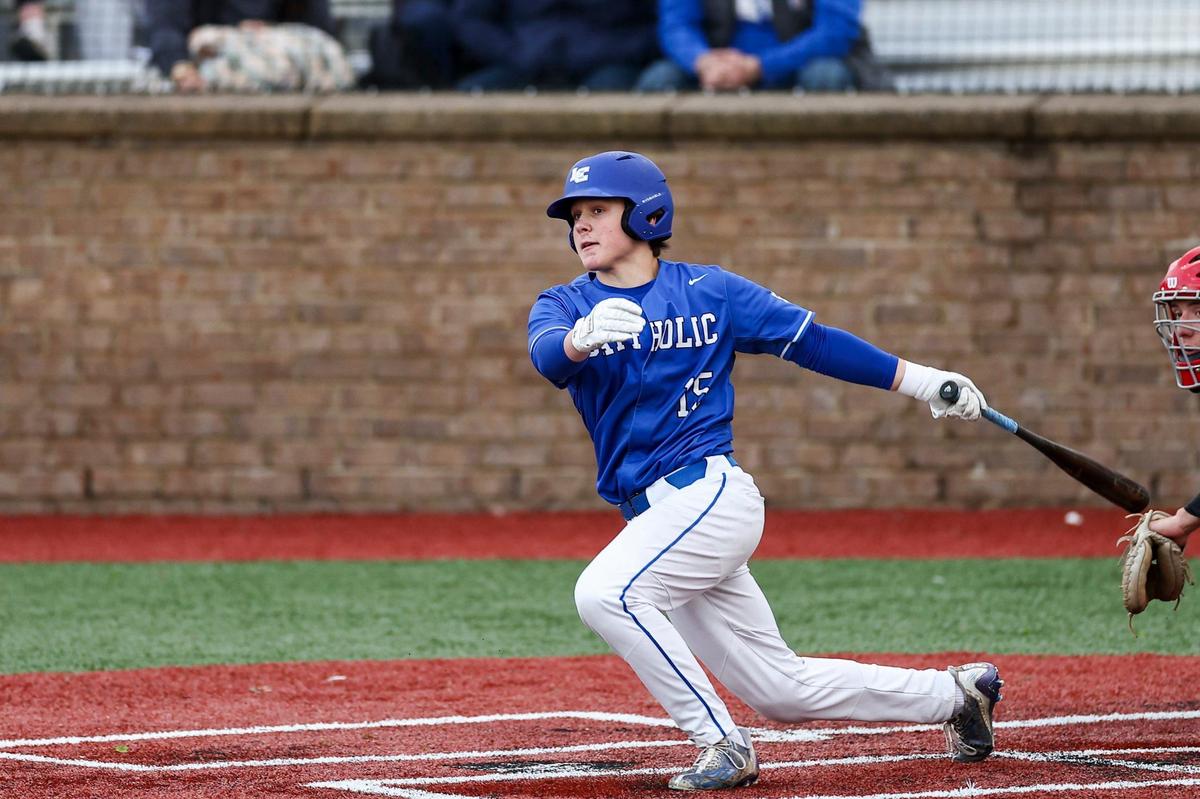 Lexington Catholic’s Brady Wasik (15) tripled in the sixth inning a hit against Manual to help the Knights take a 3-1 lead at Lexington Catholic High School on Friday.