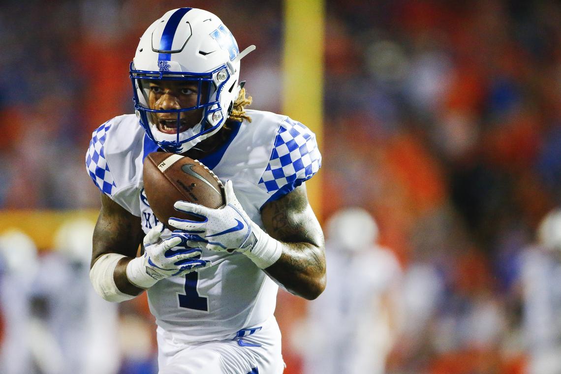 Kentucky Wildcats wide receiver Lynn Bowden Jr. (1) caught a pass and ran the ball for a touchdown during a game against the Florida Gators Saturday at Ben Hill Griffin Stadium in Gainesville. Kentucky beat Florida 27-16.